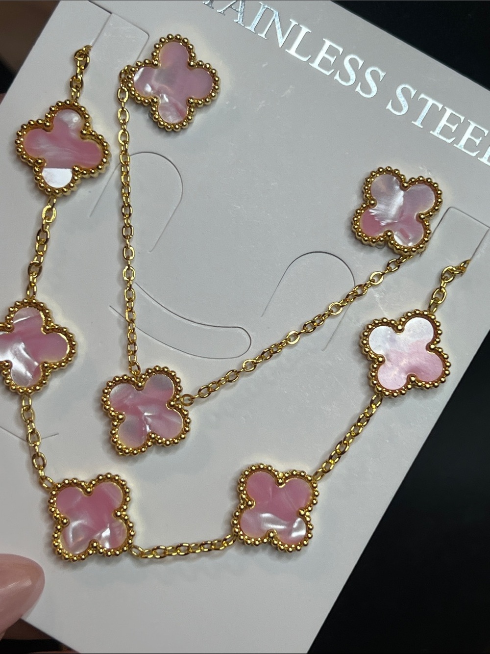 Gold Stainless Steel Pink Clover Necklace and Bracelet Set